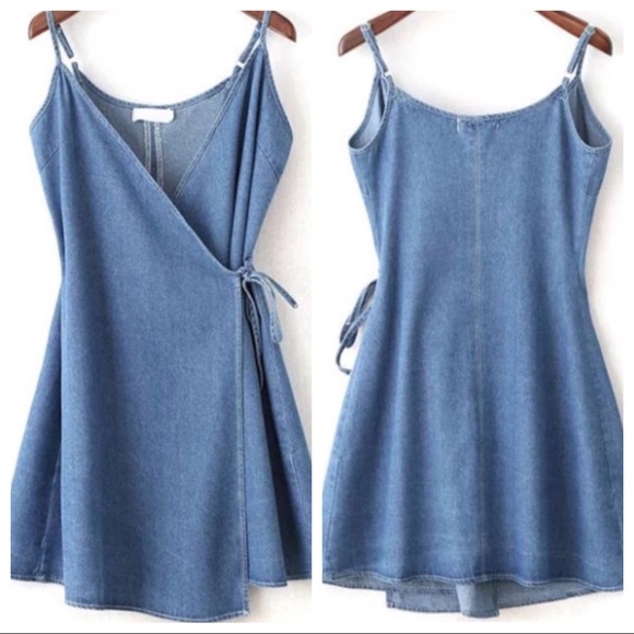 Spaghetti Strap Wrap Denim Dress - Picture 4 of 7